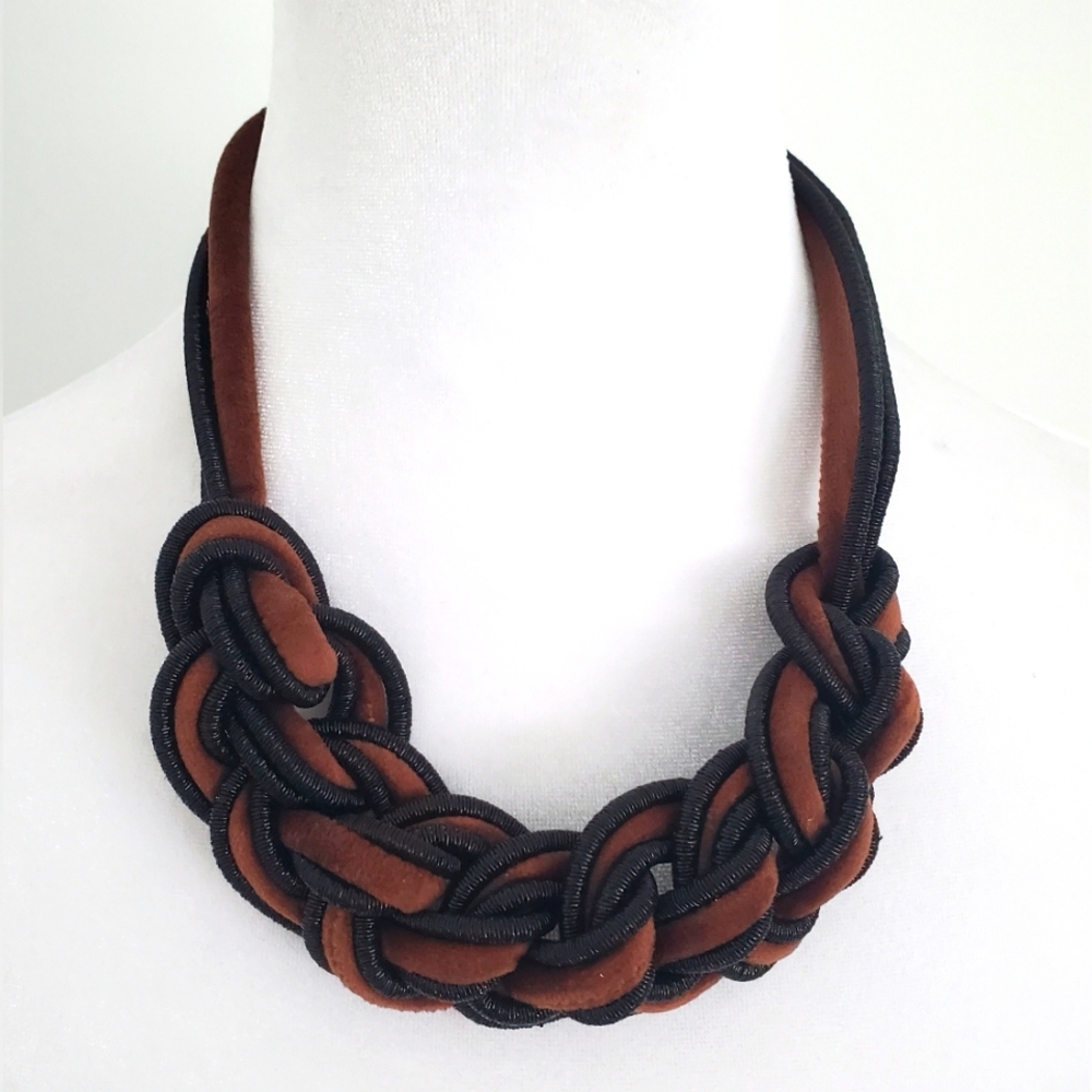 Vintage Chunky Woven Boho Statement Necklace Brown Velvet & Black Fabric Strands